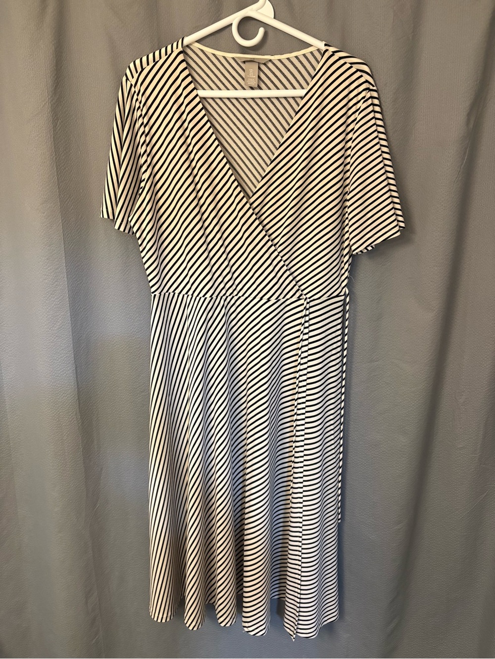 H&M Striped V-Neck Faux Wrap Midi Dress - Black & Cream